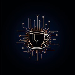 A cup of coffee stylized as a microcircuit on a dark background.