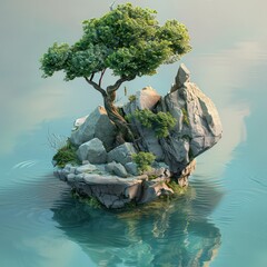 3d image of island with a tree, naturalistic forms