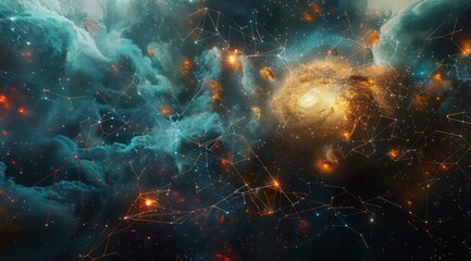 global network of connections around it, in the style of dark sky-blue and dark bronze, complex layers and textures