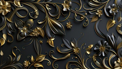 a black and golden background with abstract floral designs, in the style of paper sculptures