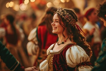 Obraz premium Lifestyle portrait of a beautiful Medieval lady in Prague city in Czech Republic in Europe.
