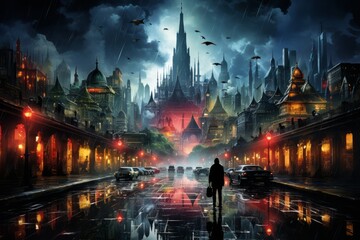 A man stands on a wet street in front of a city under the midnight sky