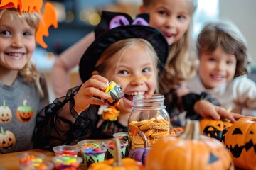 Fototapeta premium A joyful group of toddlers, dressed in festive halloween clothing, pose with bright smiles alongside a carved pumpkin indoors
