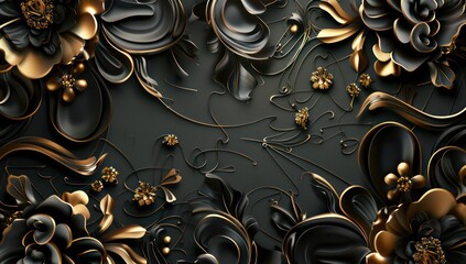 a black and golden background with abstract floral designs, in the style of paper sculptures