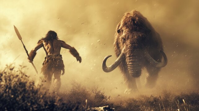 Hunting scene of primitive caveman attacking a giant mammoth in wild field.