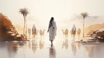 Foto auf Alu-Dibond a woman in a white robe walking in a desert with camels © Violeta