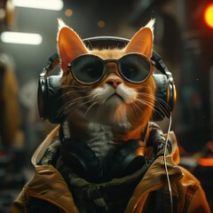 a cat wearing headphones, sunglasses and headphones