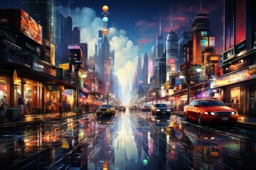 Cityscape painting of skyscrapers with cars driving under the midnight sky