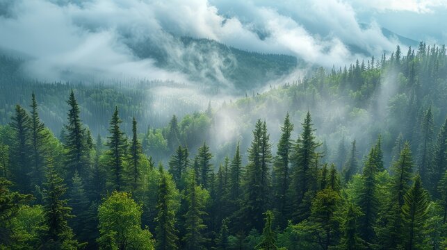 Misty landscape of fir forest in Canada © toomi123