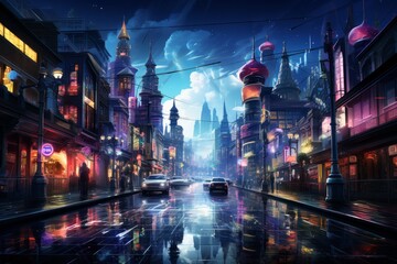 a painting of a city street at night with cars driving down it