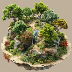 a circular island with trees and bushes, in the style of digital art wonders, imaginative characters