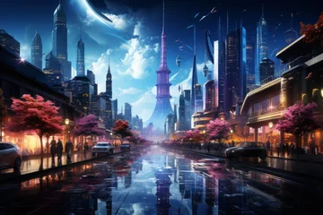 Fototapeten Futuristic cityscape with skyscrapers, trees, and electric blue sky © Yuchen Dong