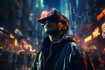 a man is wearing a virtual reality headset in a futuristic city