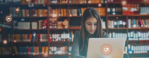 a girl using a laptop with an icon of a school, in the style of bokeh panorama, grey