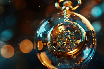 a gold pocket watch inside a glass bubble, in the style of sublime light effects