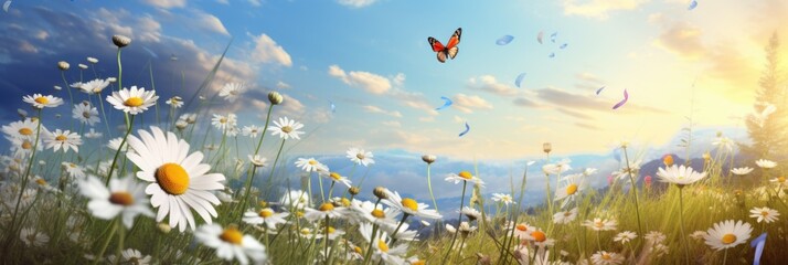 abstract colorful meadow background with flowers and butterflies