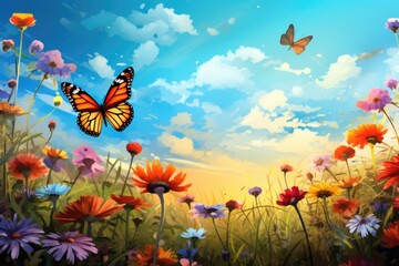 abstract colorful meadow background with flowers and butterflies