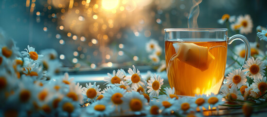 A bag of chamomile tea in a cup on the windowsill and a lying bouquet of daisies on a blurred background