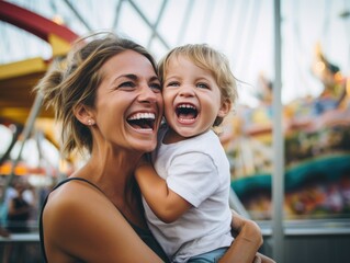 Excited mother and child at an amusement park