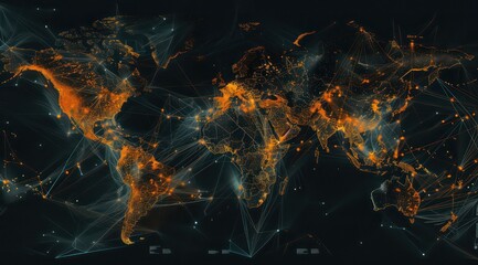 map showing the lines of network connections in the world, in the style of dark black and orange