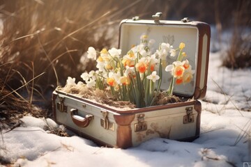 abstract colorful background flowers in an old suitcase