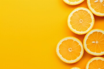 a group of cut oranges on a yellow background