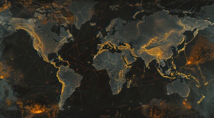 map with networked networks around the world on black, in the style of light teal and dark orange - obrazy, fototapety, plakaty