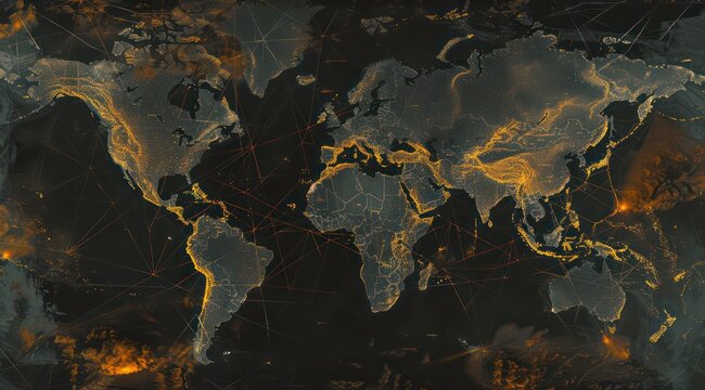 map with networked networks around the world on black, in the style of light teal and dark orange
