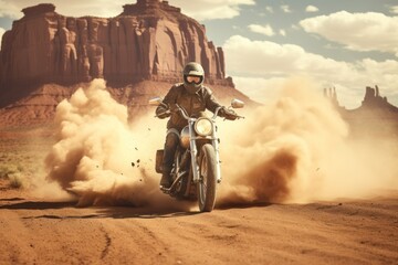 A motorcycle running wild with landscape of American’s Wild West with desert sandstones.