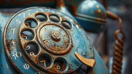 Evoking a sense of nostalgia, a close-up image showcases the dusty exterior of a vintage rotary dial telephone, reminiscent of past communication eras.