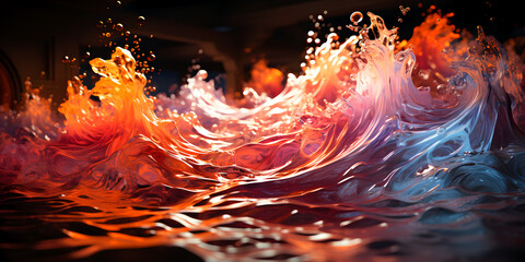 An abstract depiction of two water waves, one fiery and one icy, colliding in a dynamic and vibrant display