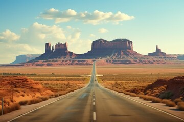A highway leading to landscape of American’s Wild West with desert sandstones. - obrazy, fototapety, plakaty