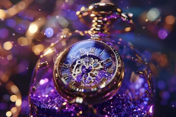 pocket watch sitting in a glass bottle of glitter, in the style of dynamic action scenes