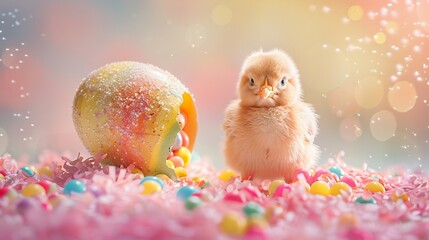 Easter Whimsy - Chick Emerging from Egg Amidst Rainbow of Jelly Beans, Pastel Hues