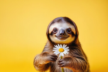 Fototapeta premium Cute sloth animal with chamomile congratulations with Thankgiving, Mother’s Day, Birthday Concept.