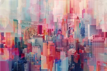 abstract watercolor cityscape with colorful buildings, in the style of data visualization, pixelated abstraction