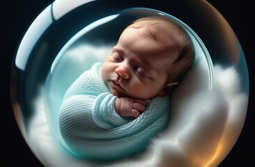 Sleeping infant in a translucent sphere. Fetus inside a glowing womb. Concept of new life, nurturing warmth, comfort, calmness, beginnings, and innocence