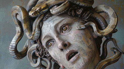 A portrait of a woman with a fierce expression and snakes in her hair, evoking themes of Medusa and mythology.