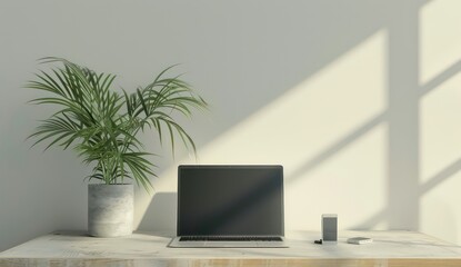 laptop on a desk with a plant and a phone on it, in the style of ambient occlusion - obrazy, fototapety, plakaty