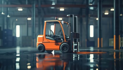 orange forklift is standing in the warehouse