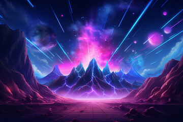 mountains with abstract neon background