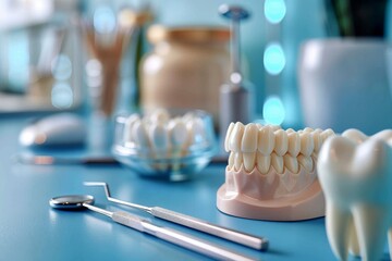 Zoomed in on a miniature dental display, showcasing the essential tools of tableware and toothbrushes, ready to brighten up any indoor space with a gleaming smile