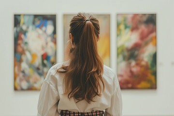 Eine junge Frau sieht sich Kunstwerke bei einer Kunstausstellung an   - obrazy, fototapety, plakaty