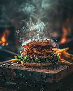 burger on a wooden board with fries, in the style of dark orange and dark emerald