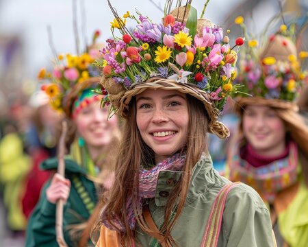Community Spirit - Easter Parade with Participants in Bonnets, Carrying Willow Branches