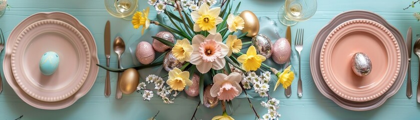 Naklejka na ściany i meble Elegant Easter Table Setting - Daffodils Centerpiece, Pastel Plates, Chocolate Eggs