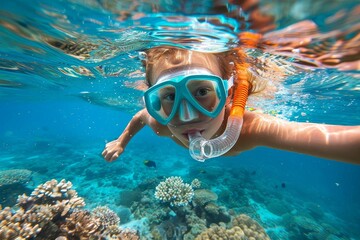 Naklejka premium A serene aquanaut explores the vibrant reef, gliding through the crystal clear water with their snorkel mask and scuba equipment, in awe of the stunning underwater world