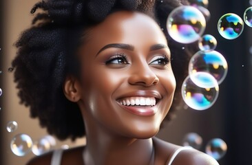 Naklejka premium Portrait of happy smiling satisfied black kid taking a bath with foam and soap bubbles 