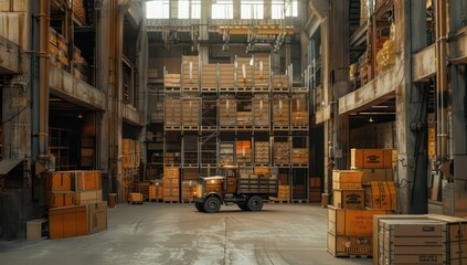 foreman truck in warehouse with boxes