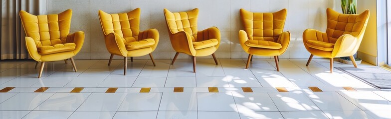 yellow furniture pieces on white tiled floor, in the style of pop art flat colors
